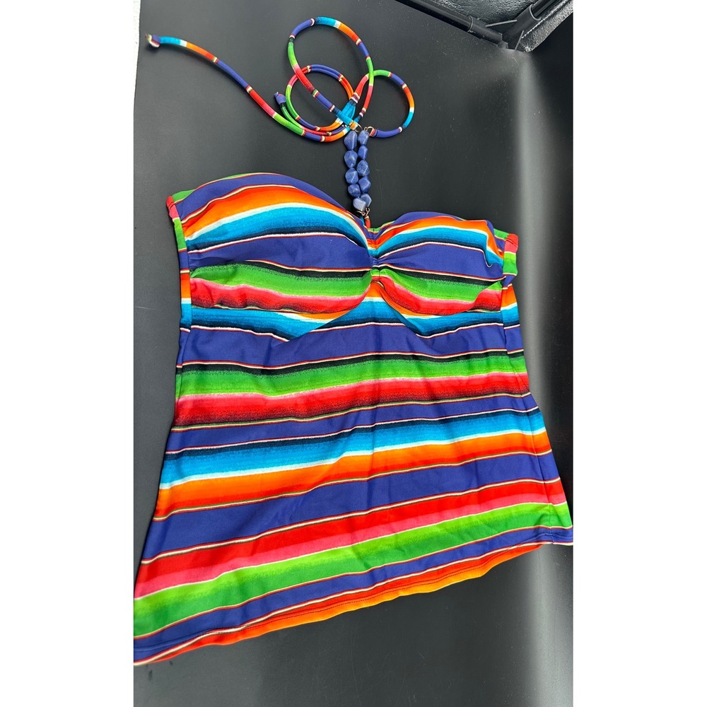 Y2K Chaps Blouson Tankini Top Women's Multicolor Striped Bandeau Halter Swim Top